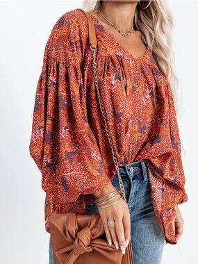 Bucket List Boho Balloon Sleeves Top Blouse Oversized Large to XL Cottage *A43
